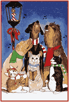 pets christmas - dogs and cats singing their joy of the season in the snow