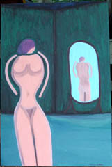 mirror mirror - 90 x 60cm
Stretched Canvas
Oil
"Mirror Mirror"
AUD $400

A comment on body image. A  faceless perfectly normal woman looks in the mirror and sees herself as unacceptable.
