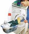 laundry - image of a woman doing laundry, there is a laundry basket with clothes and detergent.