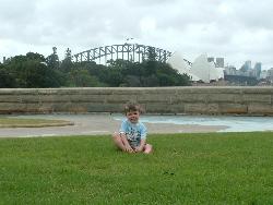 My son in australia - Harbour bridge and opera house in background