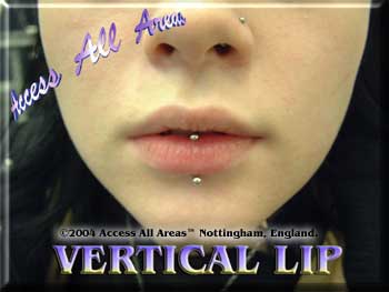 Vertical Lip piercing. - Not MY piercing, but this is the kind of lip piercing I have, which is called a vertical lip piercing because of the way it is pierced twice vertically through the lip.