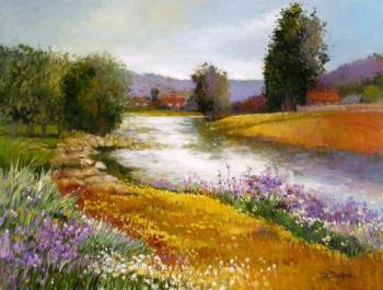painting - river and the colorful village greenary