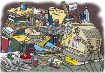 messy desk - A man buried under a pile of work, spilled over from his messy desk.