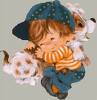 Boy and puppy - This is a cartoon drawing of a little boy wearing a cap hugging a small puppy.