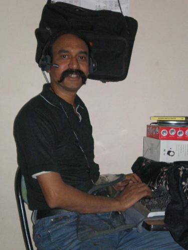 Call Center - My husband at a call center.
