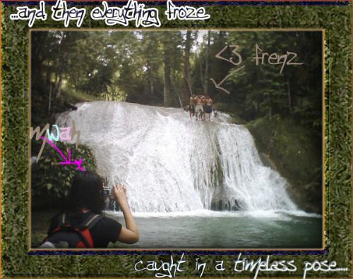 waterfalls - these is a picture of me caught in the cam of my friend while i was trying to capture my friends on top of the falls. this was the goal of our climb. we were very happy and the falls was magnificent. truly one of natures best.