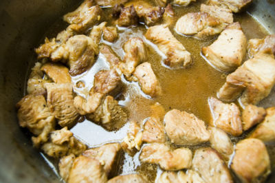 Adobo - Adobo, a common dish in the Philippines, is typically made from pork or chicken, slow-cooked in soy sauce, vinegar, crushed garlic, bay leaf, and black peppercorns. This dish originates from the Northern region of the Philippines.  It is one of the first dishes Filipinos learn to cook as it is simple and requires just a handful of ingredients. In good-tasting adobo, none of the spice flavors dominates but rather the taste is a delicate balance of all the ingredients. As with most dishes, there will be slight variations in the ratios of the ingredients or the cooking process, and the cook's unique touch is impressed upon the final outcome.  Adobo is a very common packed food for Filipino mountaineers and travellers because of its relatively longer shelf-life. This stems from the vinegar content which inhibits the growth of bacteria.