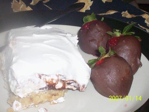 Chocolate Delight & Chocolate Covered Strawberries - This is a picture of the desserts I made for our 20th wedding anniversary. Chocolate delight (my hubbies favorite) & chocolate covered strawberries. YUMMY