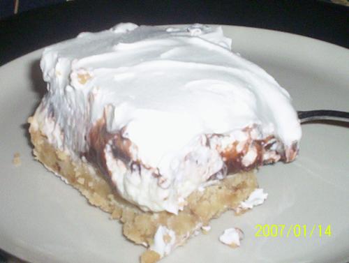 Chocolate Delight - Ingredients: Cool whip,Pecan sandies,cream cheese, chocolate pudding, powdered sugar, butter