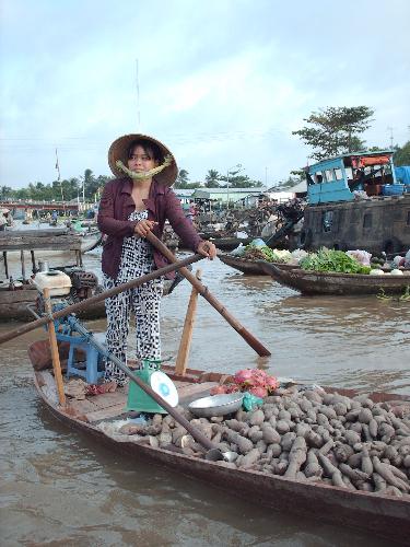 Vietnamese Woman - A Vietnamese woman in the Delta (Mekong). Floating markets are very common, and all sell fruits and the like. Woman usually have rowing boats while the men prefer to go around on boats that have small motors.