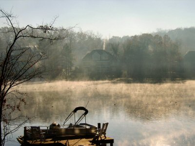 Ducks In Fog on Lake - This is a frequent sight out our back windows .. the early morning sun causes the fog on the lake to look like smoke on the water (fire in the sky! .. oops, that song is too old for most of you).