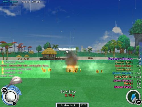 Rainy Hole in One  - when you got your ball chipped in the hole in rainy hole, your Pang is multipled by 2. example: you got HiO on hole 2 Blue Lagoon. usually you got 500++ pang but due to 'Recovery Bonus' your pang is (500++*2). wow, that should give you more.