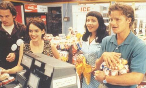 Reality Bites - The famous cast of the movie! - Troy, Lelaina, Vickie, & Sammy in the grocery store where they dance to the famous 'My Sharona' song. A part in the movie that most fans find unforgettable! . .