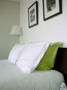 Pillows on Bed - A picture of a bedroom with focus on the bed pillows. The green, white, and black motif are very cool and calming. There is also a little white dog in the corner peeking out at you!

A royalty-free image from StockXchange, www.sxc.hu