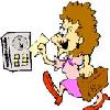 worker clocking in - Cartoon of woman clocking into work.  Has timecard in her hand, and is dressed and ready for work.