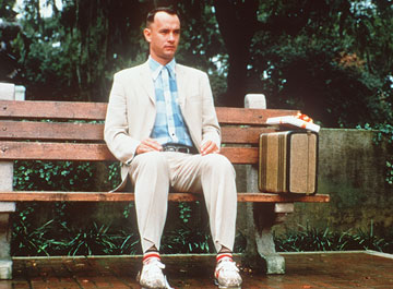 Scene from Forest Gump - Tom Hanks playing Forest Gump sitting on a bench