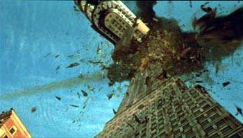 scene - a scene from the movie armageddon when smaller pieces of rock crash into the buildings.