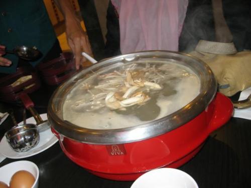 Thai Steamboat - This is the Thai steamboat that me and my friends had for dinner  at Johnny's Restaurant in Malaysia.  The fillings include meatballs, various mushrooms, prawns, slices of meat (beef), slices of chicken and eggs. The soup is made of chicken stock.