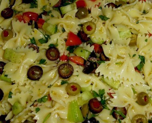 Pasta Salad - Pasta Salad, made of olives, ribbon pasta,capers, tomatoes, garlic, olive oil, cucumber, salt & pepper
