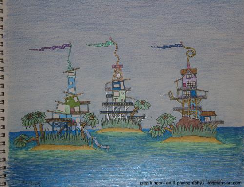 Living in peace and joy - pen and ink drawing I've done, of a dream island homes, life.