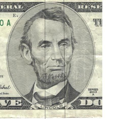 folds on Five Dollar bill for joke - Fold the bill on the lines away from you, then unfold.  Between the two creases make a kind of trough, but not so deep that it obscures the area between the folds.  Now with the person facing the bill directly, say 'Say 'Hi' to Abe.'  When the person greets Abe, tilt the bill so that the top is slightly away from the viewer.  Then say, 'Ask him how he feels about Mr. Bush.'  When the person asks that, tilt the bill so that top is slightly toward the viewer.