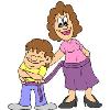 Mother and Son - Son and mother together.  Both with smiles on their faces.  Mother's apron string is attached to the son, showing that they are still attached to one another.