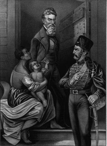 John Brown - His violent crusade against slavery would spark the Civil War.    In 1859 he led a party of 21 men in a successful attack on the federal armory at Harper's Ferry.  Brown hoped that his action would encourage slaves to join his rebellion, enabling him to form the emancipation army.  Two days later the armory was stormed by Robert E. Lee and a company of marines.  Brown and six men barricaded themselves in an engin-house, and continued to fight until Brown was seriously wounded and two of his sons had been killed.  Brown was tried and convicted of insurrection, treason and murder.  He was excuted December 2nd, 1859.  The other 6 men involved in the raid were hanged as well.  The song, (John Brown's Body), commemorating the Harper's Ferry raid, was a highly popular marching song with the Republican soldiers during the American Civil War.