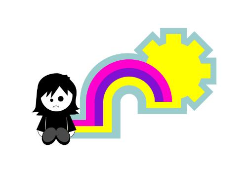 girl, rainbow and sun - Black and white girl, colorful rainbow and big yellow sun