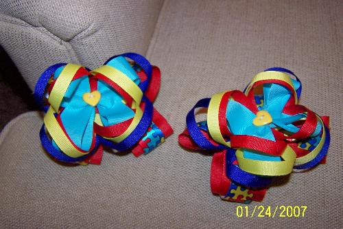 Autism Awareness Bows - Boutique hair bow, pigtail set, to help create autism awareness.