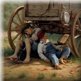 two boys - This is two boys asleep at the end of a wagon