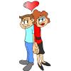 couple in love - Man and woman standing together while holding hands.  Has a red heart above their heads.  Standing back to back.  Two people in love.