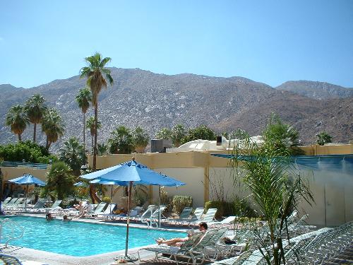 palm springs pool misting bathers trees loungers c - palm springs pool misting bathers trees loungers chairs