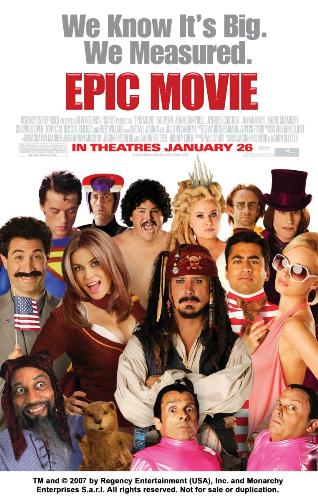 epic movie - The story centers on four not-so-young orphans: one reared by a curator at the Louvre (where an albino assassin lurks); another, a refugee from Mexican 'libre' wrestling; the third a recent victim of snakes on her plane; and the fourth a 'normal' resident of a mutant 'X'-community. The hapless quartet visits a chocolate factory, where they stumble into an enchanted wardrobe that transports them to the land of Gnarnia (with a silent 'G'). There they meet a flamboyant pirate captain and earnest students of wizardry - and join forces with, among others, a wise-but-horny lion to defeat the evil White of Gnarnia.  EPIC MOVIE comes from the new masters of the parody genre - Jason Friedberg & Aaron Seltzer - who now set their parodic sights on the largest genre of them all: Hollywood's big-budget, special effects-laden, blockbuster franchise films. After successfully skewering the scary movie and romantic comedy franchises as two of the six writers of 'Scary Movie,' and as the writers/director of 'Date Movie,' the duo now focus on this untapped niche - Hollywood's esummer and fall tentpoles - proving once again that they are proud of being 'first to be second.'