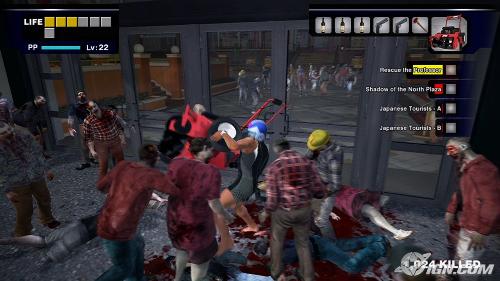Dead Rising - A screenshot from Capcom's 'Dead Rising'.  The main character Frank is fighting off zombies with a lawnmower, while wearing a MegaMan helmet and a track suit.