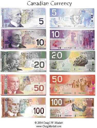 Canadian currency - This is an image of what our Canadian paper currency looks like.
I found the image at:
http://www.craigmarlatt.com/canada/images/images&downloads/currency.jpg Canadian currency - This is an image of what our Canadian paper currency looks like.
I found the image at:
http://www.craigmarlatt.com/canada/images/images&downloads/currency.jpg
