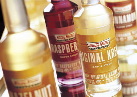 coffee flavors - A picture of flavored syrups for coffee at Krispy Kreme