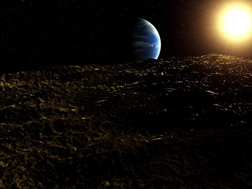 View to the Earth and Sun - I made this scene in 3D studio max. This is a beautiful view to the earth and sun from some planet.