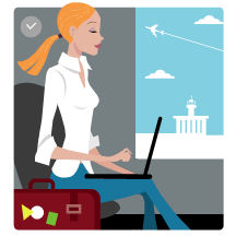 travel - clip art of a traveler working on her laptop
