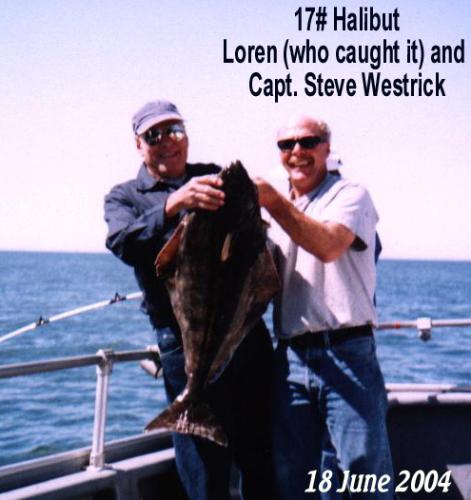 My father-in-law's big fish 2004 - My FIL loves to fish, but he lives on the Mississippi River in Iowa, so he doesn't get to do any salt water fishing there. Last time he was here for a visit, he and my husband went out on a charter boat. They caught their limit of all the bottom fish, including this nice sized halibut. He was sure tired that night, and slept like a baby.