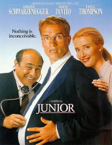 junior - this is a poster of the movie 'Junior' where in man, played by Arnold Schwarzenegger, becomes pregnant through an experiment.