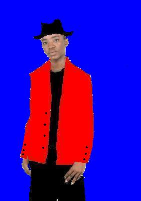 me, myself and i - on a red coat with a funky black hat, and on a dark background