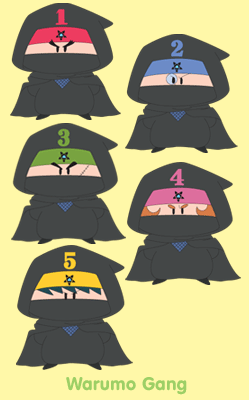 Warumo Gang - The Warumo Gang is a comical group that plots to overflow the muglox world. Their magical instruments are shamisen guitas (Japanese 3-stringed guitars).  source: mirmo-zibang.com