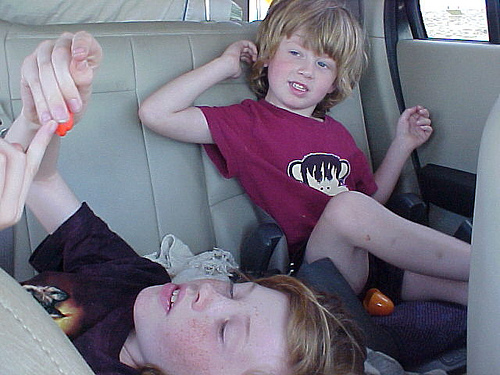 Simon & Murphy  - This is a photo of my kids entertaining themselves in the backseat during our cross country trip to Yellowstone Park and Berkeley California. They are playing with silly putty. Simon is wearing his EMO Julius tee. They are fantastic road trippers