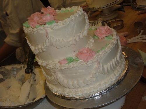 Full side view of Mock Wedding Cake - Last cake made in Introduction to Cake Decorating