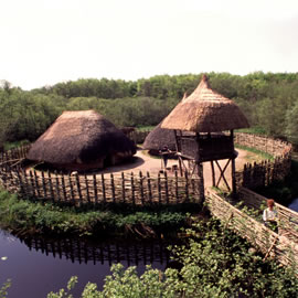Crannog - Craggaunowen - As used in the Bronze Age, Craggaunowen, Co. Clare.  Crannogs are lake or lakeside settlements which were inhabited from the Mesolithic to the Early Medieval period. In prehistoric times, platforms were erected at lake edges, or in shallow water or marshy ground. These appear to have been associated with hunting and fishing or with industrial pursuits, rather than with long-term habitation.