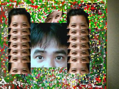 Totem Pole - My version of the totem pole, created from my personal collection of photos, those are my brown eyes. The photo in the middle is my favorite face in the crowd.  This photo was cropted by myself, January 10,2007; While working of line due to some repairs done with my telephone line.  Inspired by my ansestral heritge, The idea of the totem pole from a crafted eyes came to me.