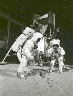 moon landing - Buzz Aldrin and Neil Armstrong in NASA's training mockup of the Moon and lander module. Hoax proponents say the entire mission was filmed on sets like this one.