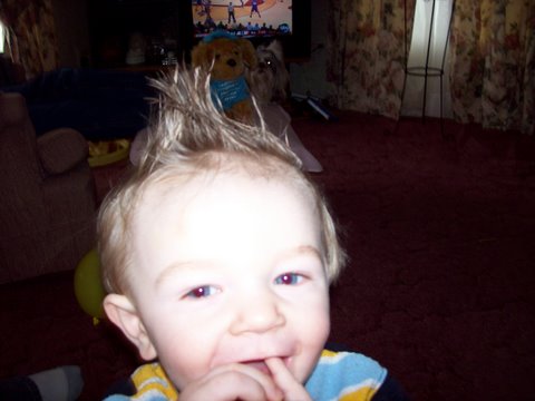 Mohawk - Caleb with his hair done in the Mohawk fashion. This is the day of his 1st bithday party. Birthday-Jan 17th and Party on 28th.