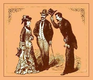 Etiquette - A gentleman bowing to a lady and removing his hat