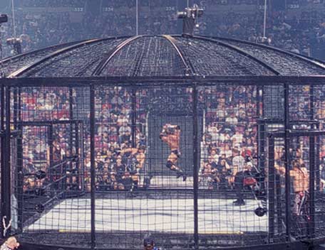 The Elimination Chamber - The brain chil of Eric Bischoff.It is made up of ten tons of stell and contains 2 miles of chain.It was termed as Hell on earth.There have been only 5 matches till now.HHH has won two consecutive matches and is the maximum any superstar has won.
